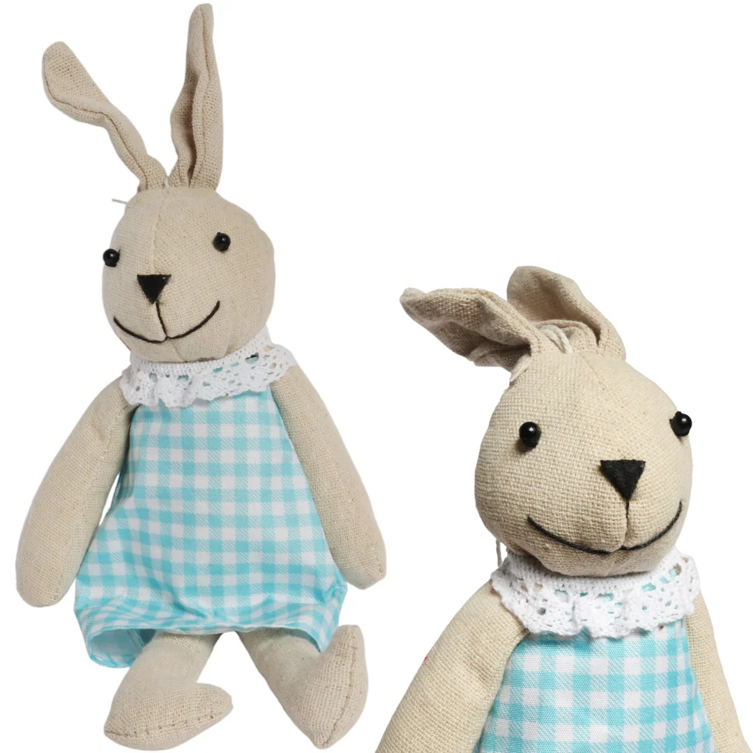 Zając zawieszka lniana Ozdoba Wielkanocna Figurka w niebieskiej sukience 26 cm