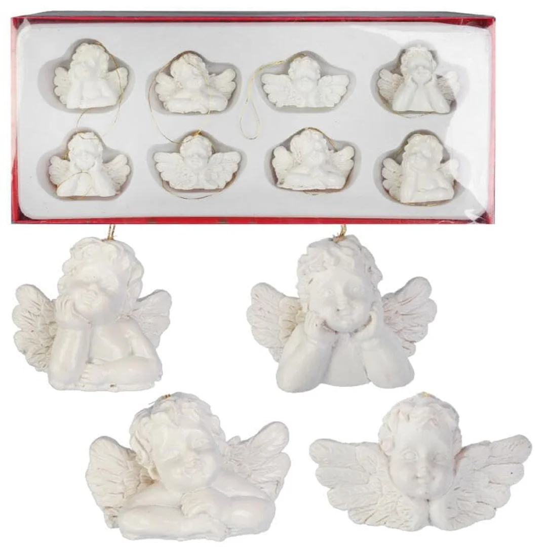 Zawieszki na choinkę Białe Aniołki - 8 sztuk, Polirezyna, 3.5x5 cm, Przeznaczone do Dekoracji Świątecznej