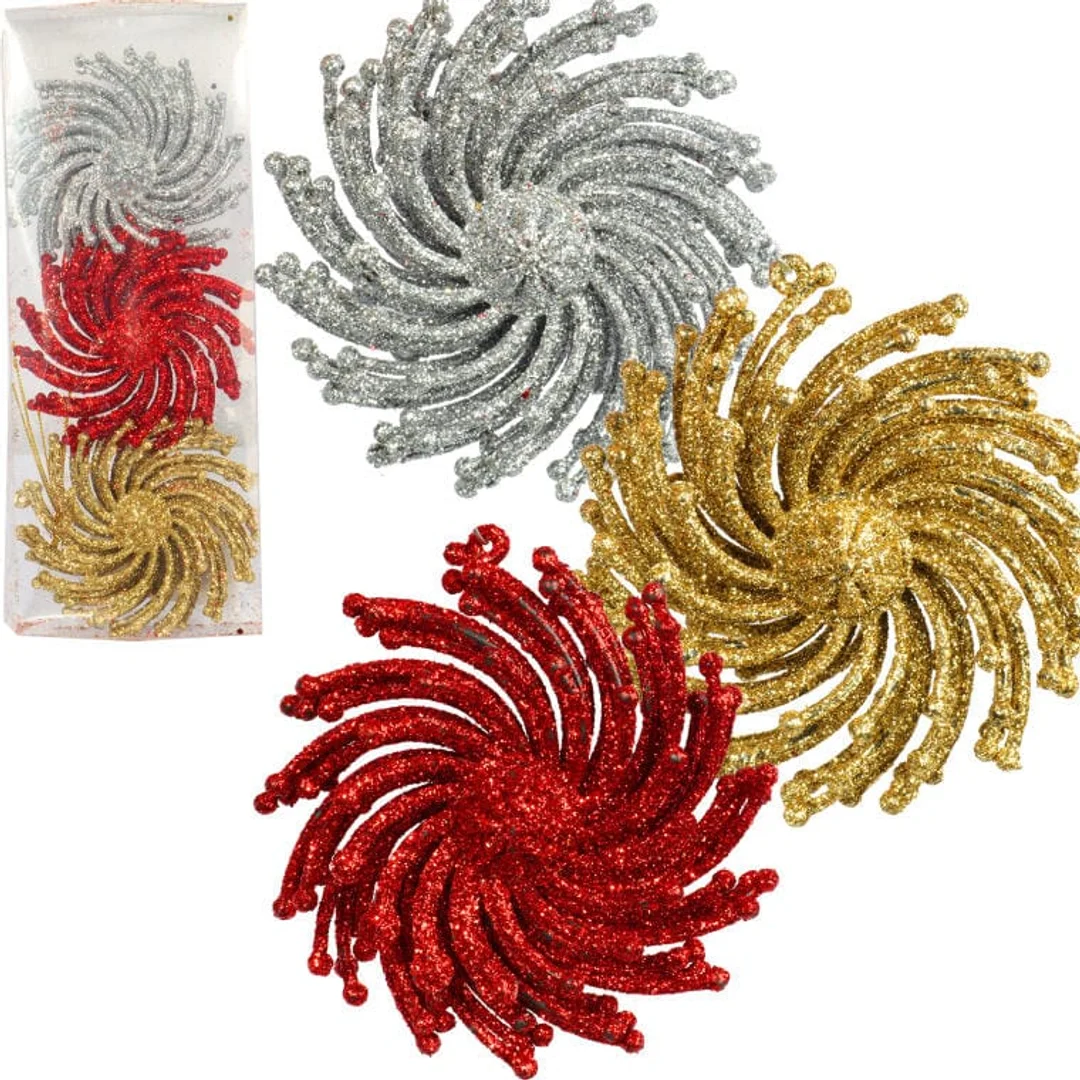 Zestaw 3 Brokatowych Zawieszek na Choinkę w Kształcie Śnieżynek - Multikolor, Plastikowe, 9 cm