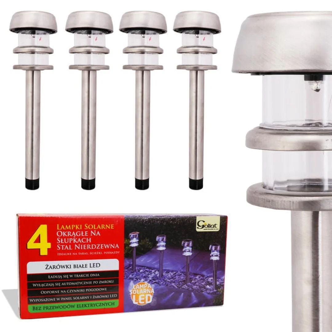 Zestaw 4 Samoładowalnych Okrągłych Lamp Solarnych z Czujnikiem Zmierzchu Model Goliat