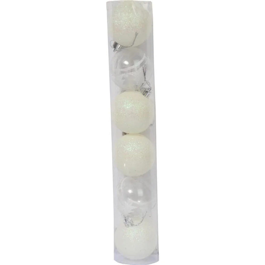 Zestaw 6 białych bombek plastikowych z brokatem, 6 cm