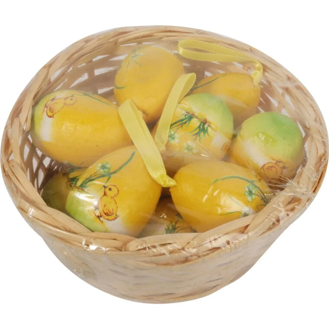 Zestaw Wielkanocnych Ozdób - Żółte Jajka Styropianowe w Koszyczku 10 szt, 8 cm