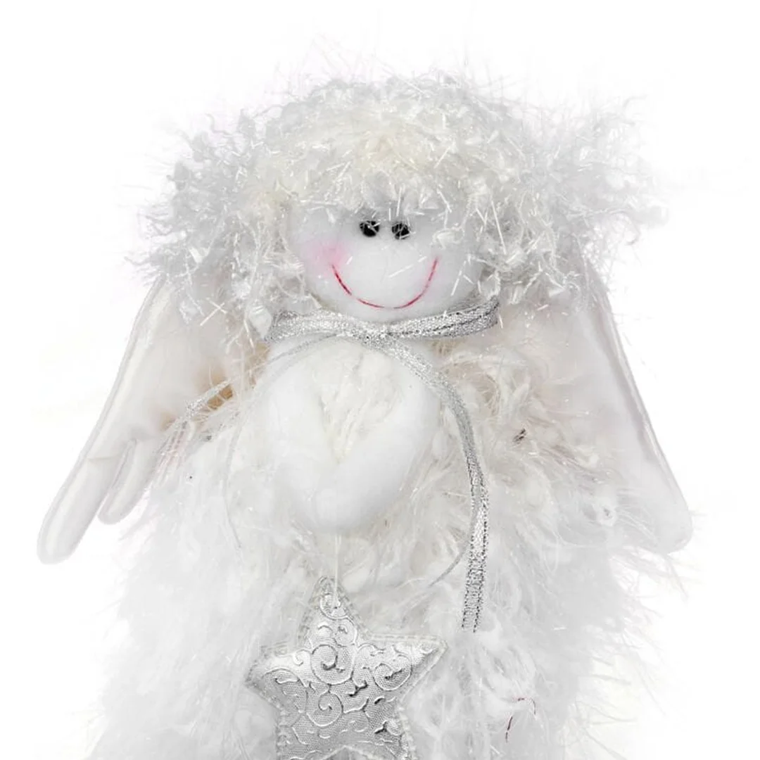 Aniołek Stojący z Włóczki ze Srebrną Gwiazdą 25cm - Figurka Choinkowa/Białe Świąteczne Dekoracje — zdjęcie 2
