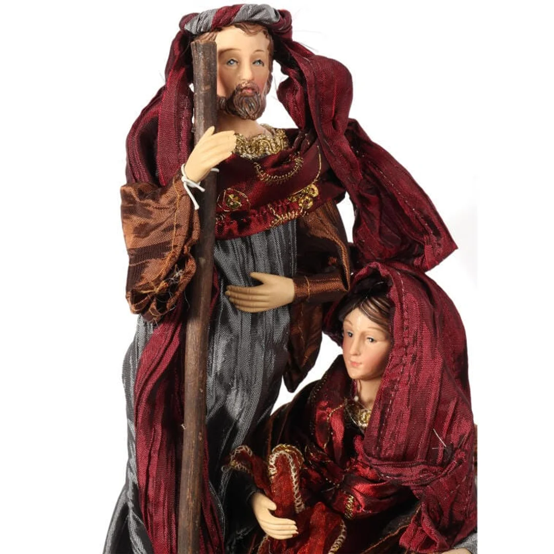 Bordowo-szara figurka Świętej Rodziny z tkaniny lnianej 25cm - Ozdoba bożonarodzeniowa — zdjęcie 3