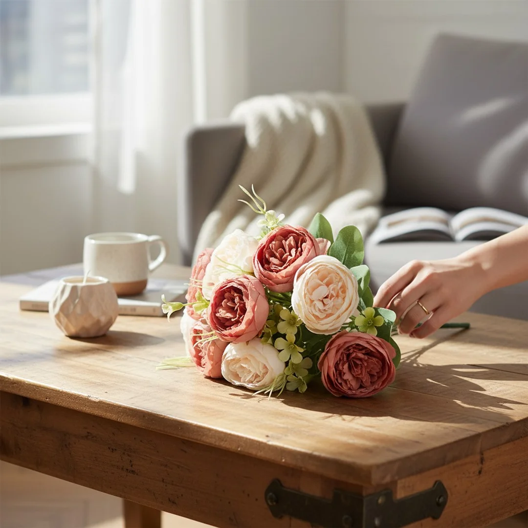 BUKIET 12 PIWONII PEONII KOMPOZYCJA DO WAZONU W KOLORACH BRĄZU I KREMU 36 CM — zdjęcie 6