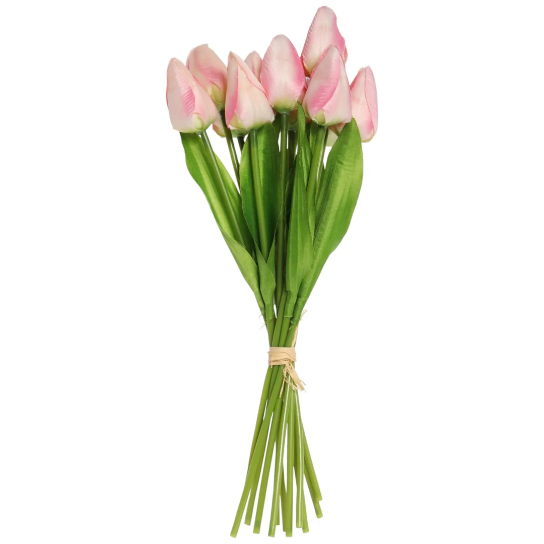 Bukiet 12 TULIPANÓW W PĘCZKU Z RAFIĄ 32 cm jasno różowe — zdjęcie 2