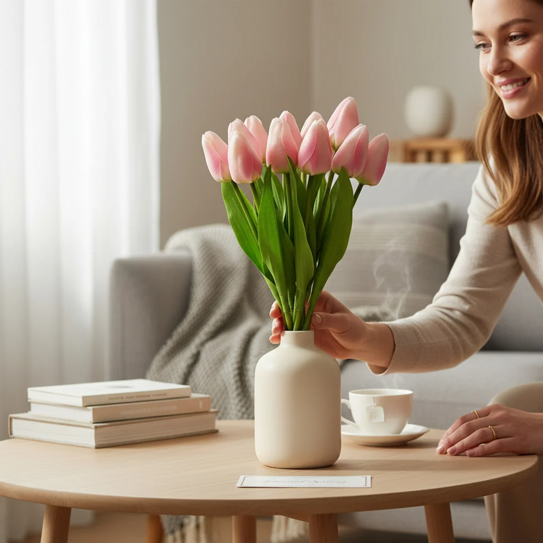 Bukiet 12 TULIPANÓW W PĘCZKU Z RAFIĄ 32 cm jasno różowe — zdjęcie 5
