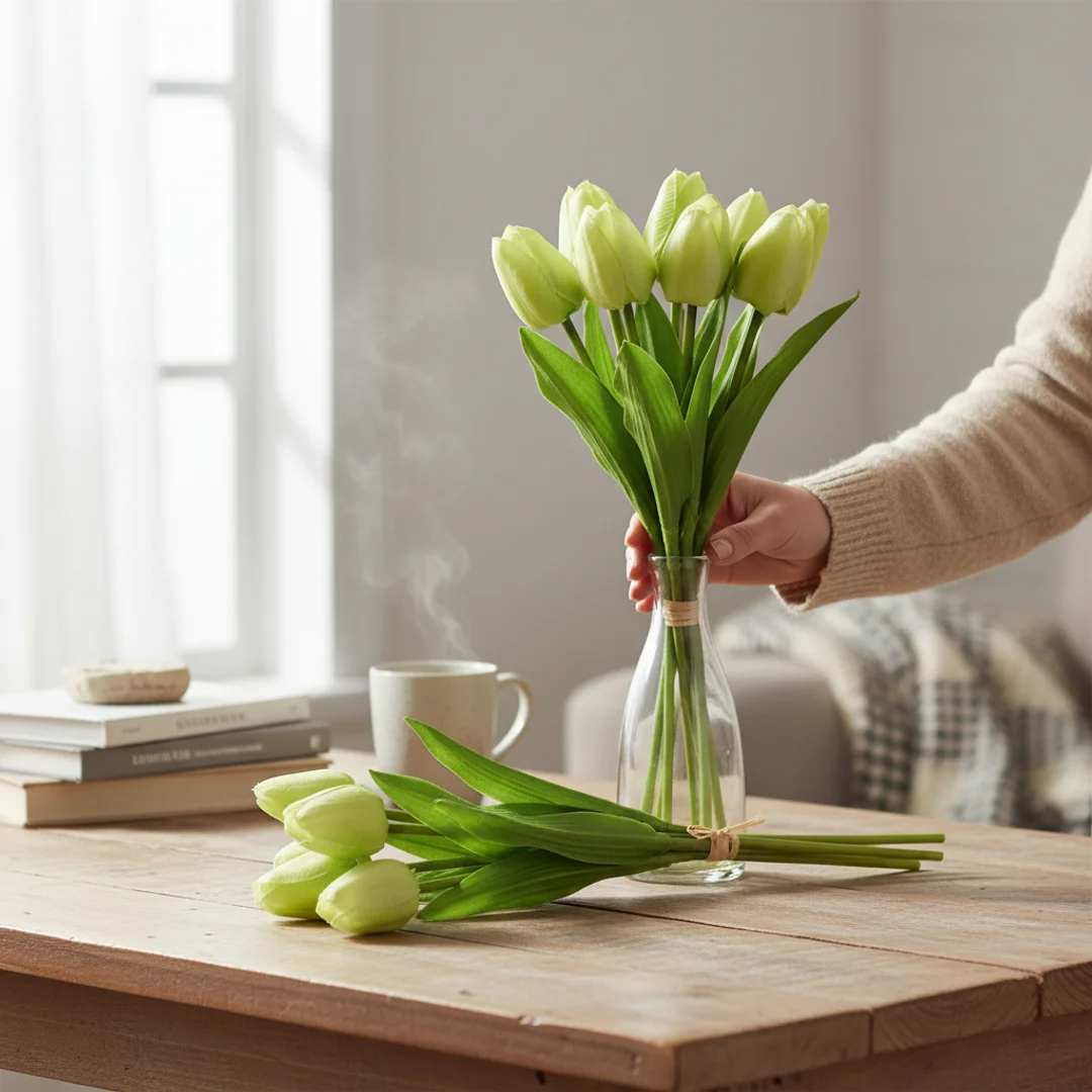 Bukiet 12 TULIPANÓW W PĘCZKU Z RAFIĄ 32 cm jasno różowe — zdjęcie 9
