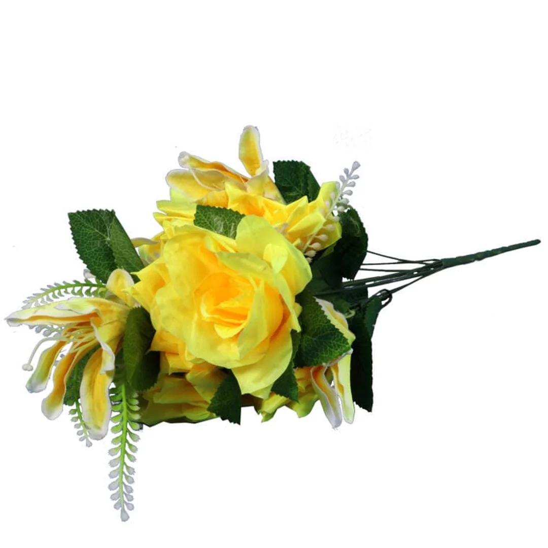 Bukiet kwiatów Kolorowy Mix z różą i lilią w odcieniach ciemnoróżowym i żółtym - 54 cm — zdjęcie 3