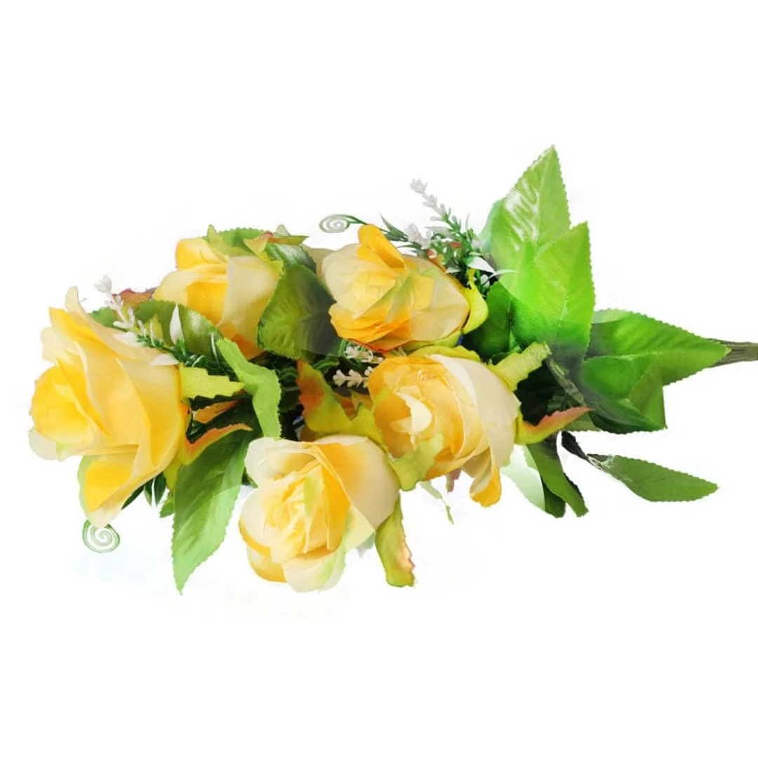 Bukiet sztucznych żółtych róż - 9 sztuk z dodatkami, wysokość 48 cm — zdjęcie 3