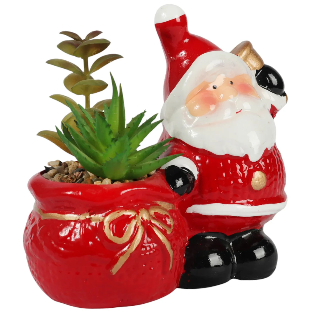 Ceramiczna ozdoba świąteczna Mikołaj z sukulentem w wazonie — zdjęcie 2