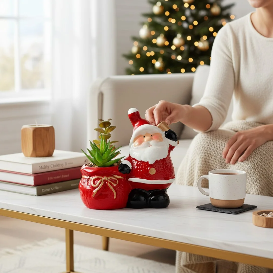 Ceramiczna ozdoba świąteczna Mikołaj z sukulentem w wazonie — zdjęcie 5