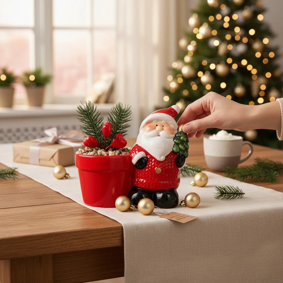 Ceramiczna ozdoba świąteczna Mikołaj z sukulentem w wazonie — zdjęcie 10