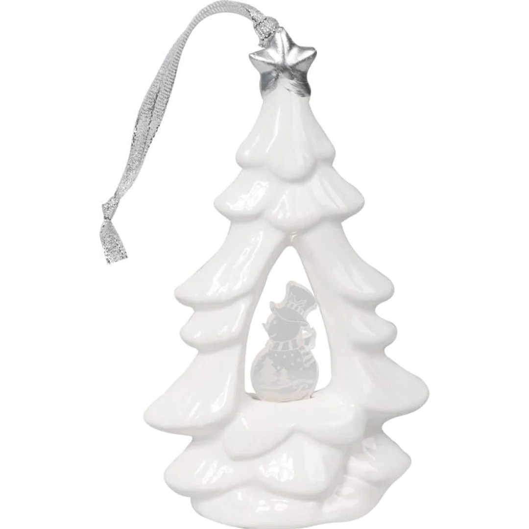 Choinka ceramiczna z podświetlanym bałwankiem LED, biała, 15 cm. — zdjęcie 2