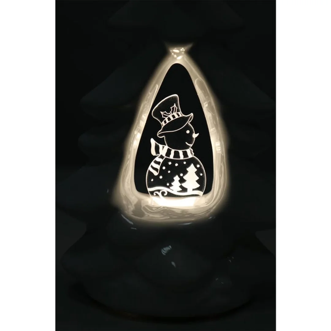 Choinka ceramiczna z podświetlanym bałwankiem LED, biała, 15 cm. — zdjęcie 3