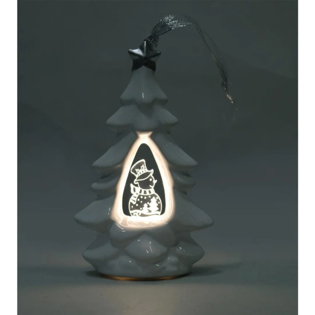 Choinka ceramiczna z podświetlanym bałwankiem LED, biała, 15 cm. — zdjęcie 4