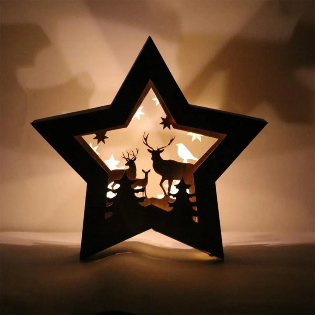 DEKORACJA ŚWIETLNA 10 LED DREWNIANA GWIAZDA Z RENIFERAMI 24 CM — zdjęcie 2