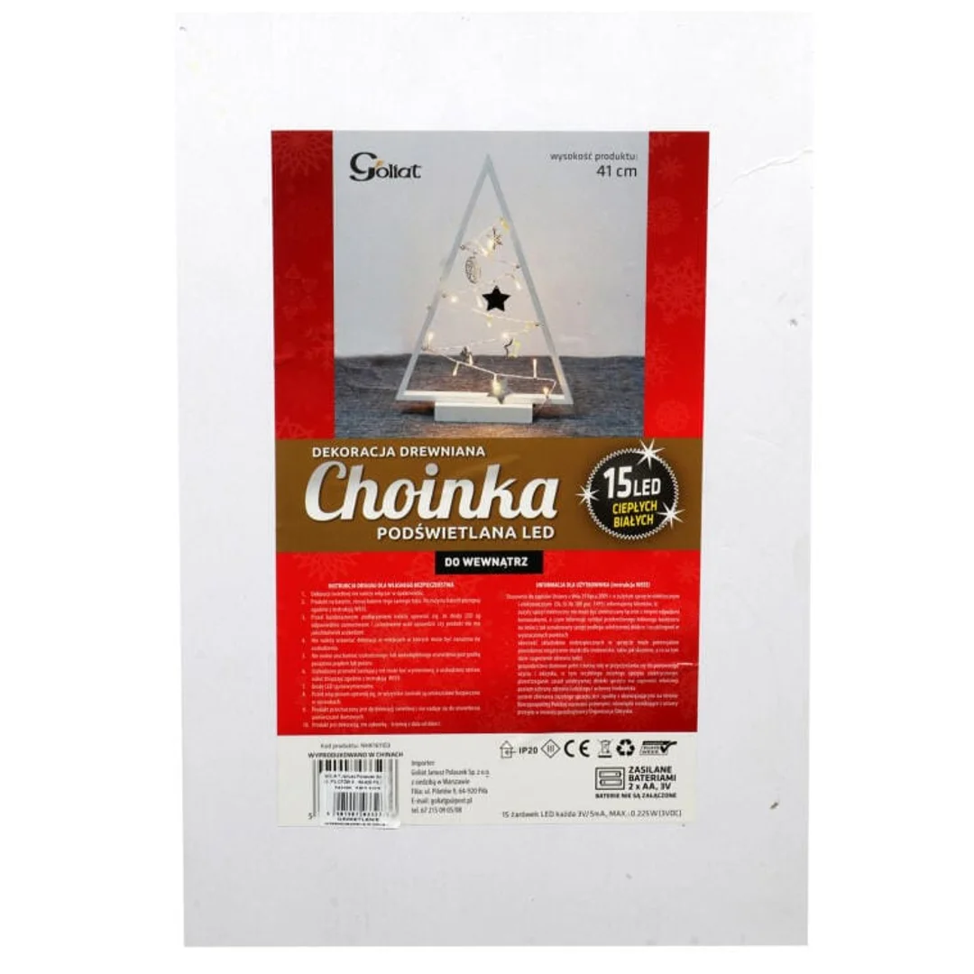 Drewniana Choinka Świąteczna z LED 41 cm - Biała Dekoracja Świetlna Zasilana Bateriami — zdjęcie 2