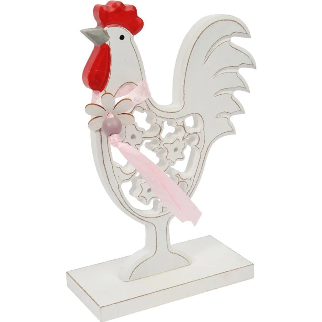 Duży Kogut Wielkanocny na Podstawce, Drewniana Dekoracja Stołu, 17 cm, Kolor Biały — zdjęcie 2