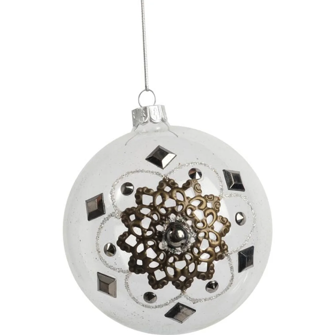 Elegancka szklana bombka świąteczna z metalowym dekorem - 10 cm, przezroczysta — zdjęcie 2