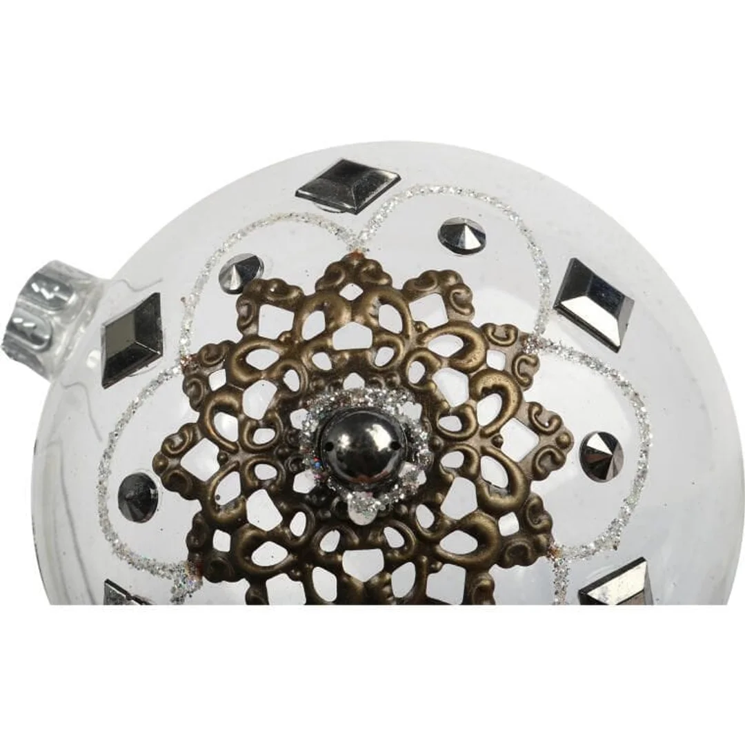Elegancka szklana bombka świąteczna z metalowym dekorem - 10 cm, przezroczysta — zdjęcie 3