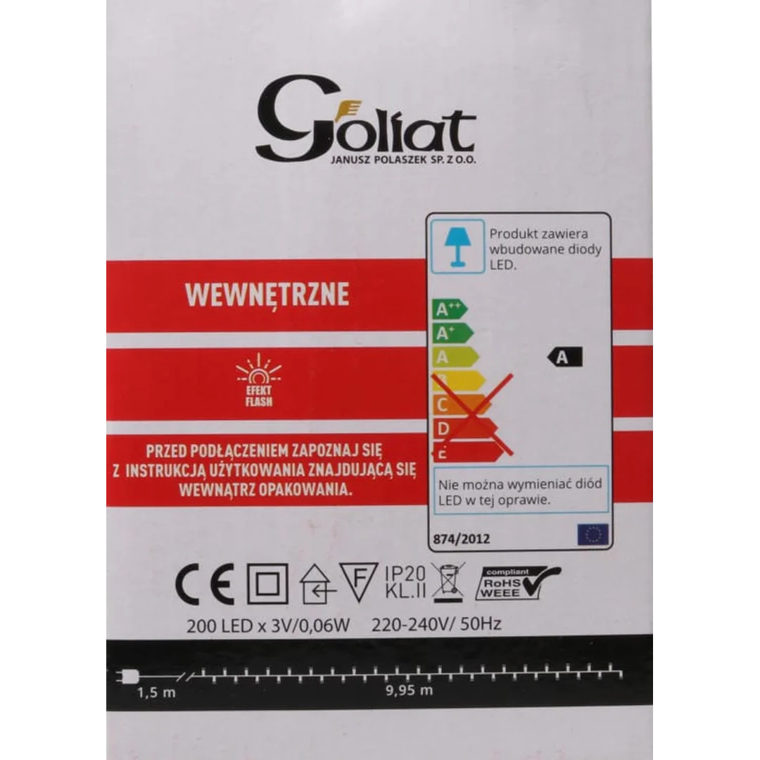 Energooszczędne Lampki Choinkowe LED 200szt. Zimny Biały z Efektem Flash, Użytek Wewnętrzny, Długość 11,5m, IP44 — zdjęcie 4