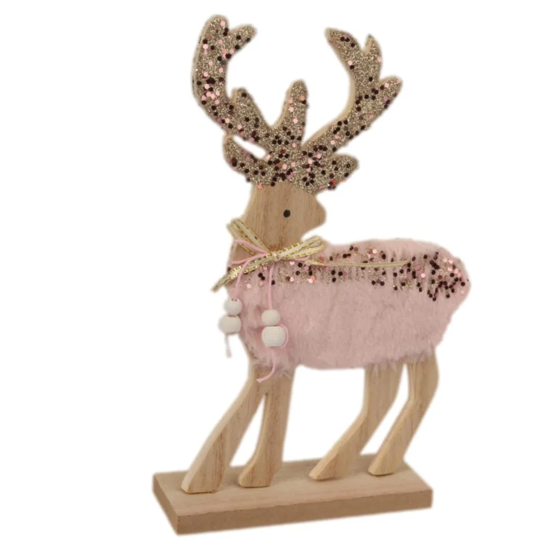 Figurka Drewnianego Renifera z Różowym Futerkiem i Cekinami 13x4x22.5 cm — zdjęcie 2