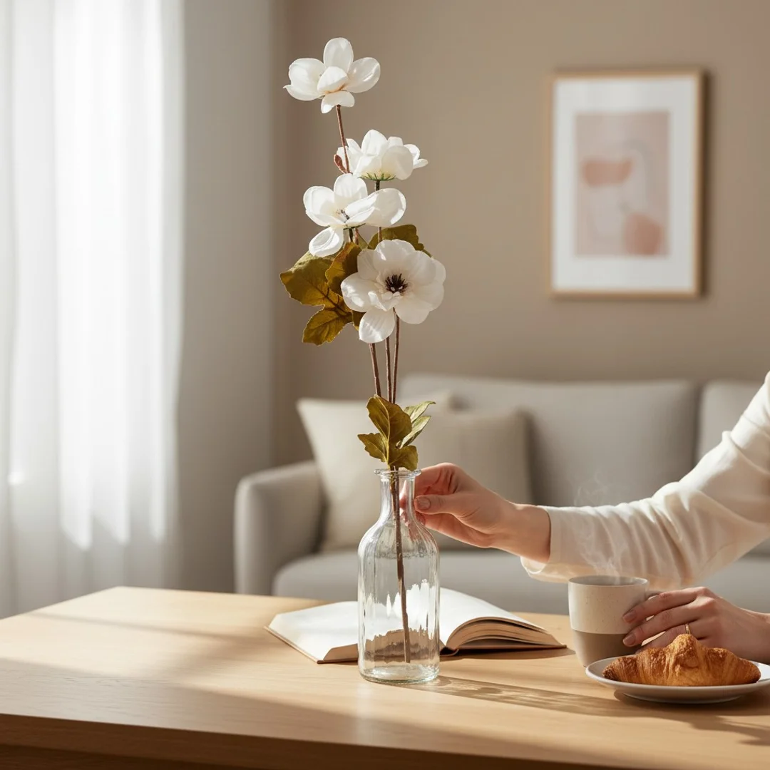 GAŁĄZKA 4 JESIENNYCH KWIATÓW do wazonu białe ANEMONY 90 cm — zdjęcie 5