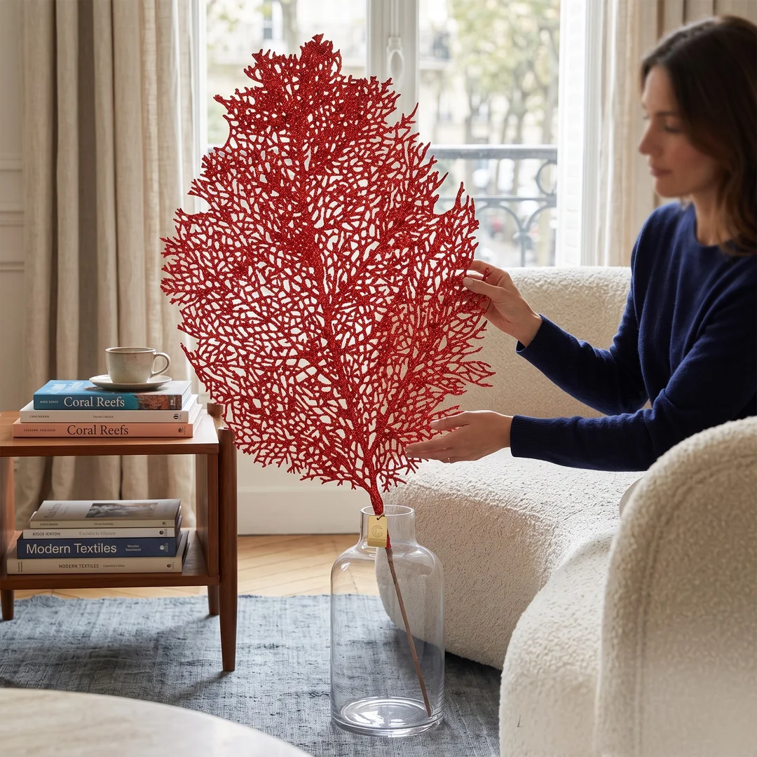 GAŁĄZKA OZDOBNA AŻUROWY, BROKATOWY LIŚĆ 78 CM kolor czerwony — zdjęcie 5