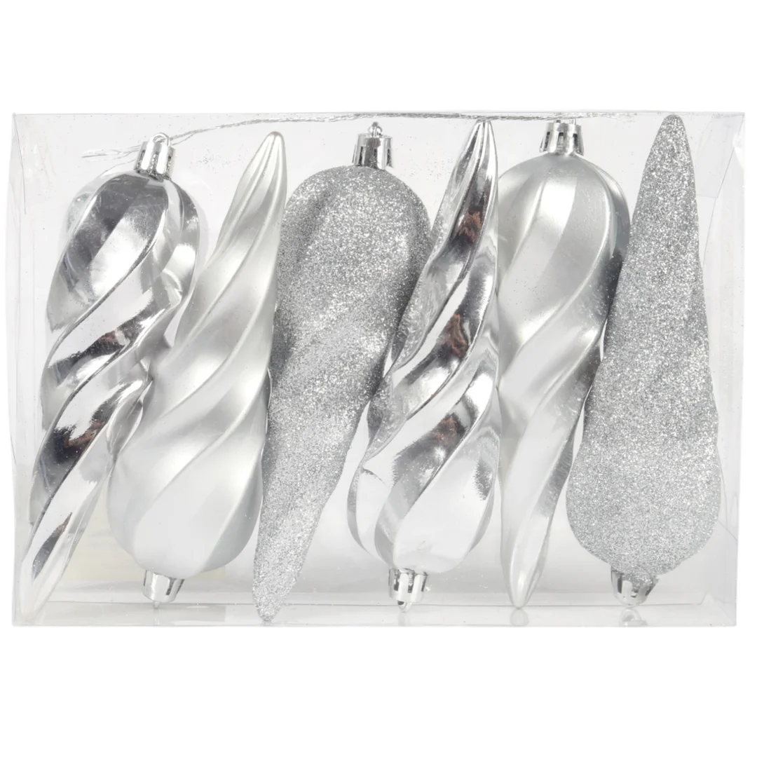 Komplet 6 bombek plastikowych SOPLE 14 cm SREBRNE — zdjęcie 2