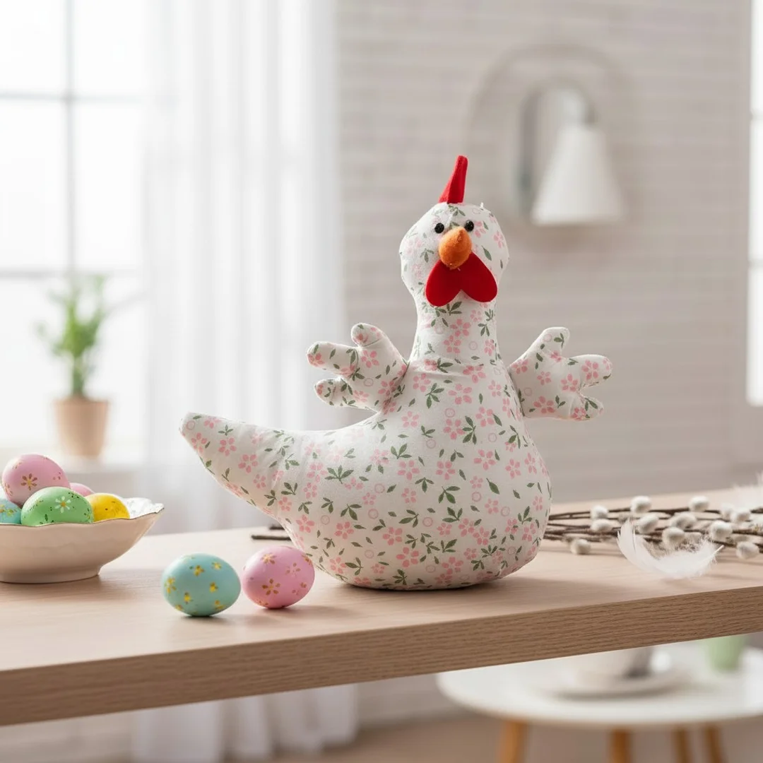 KURA OZDOBA Z MATERIAŁU W KWIATKI KURA FOLKLOR WIELKANOC RÓŻOWA 25 CM — zdjęcie 5