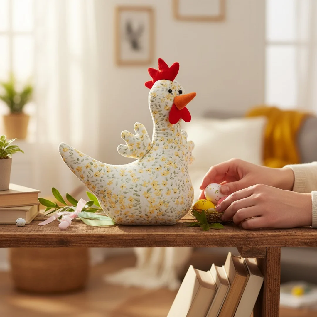KURA OZDOBA Z MATERIAŁU W KWIATKI KURA FOLKLOR WIELKANOC ŻÓŁTA 25 CM — zdjęcie 5