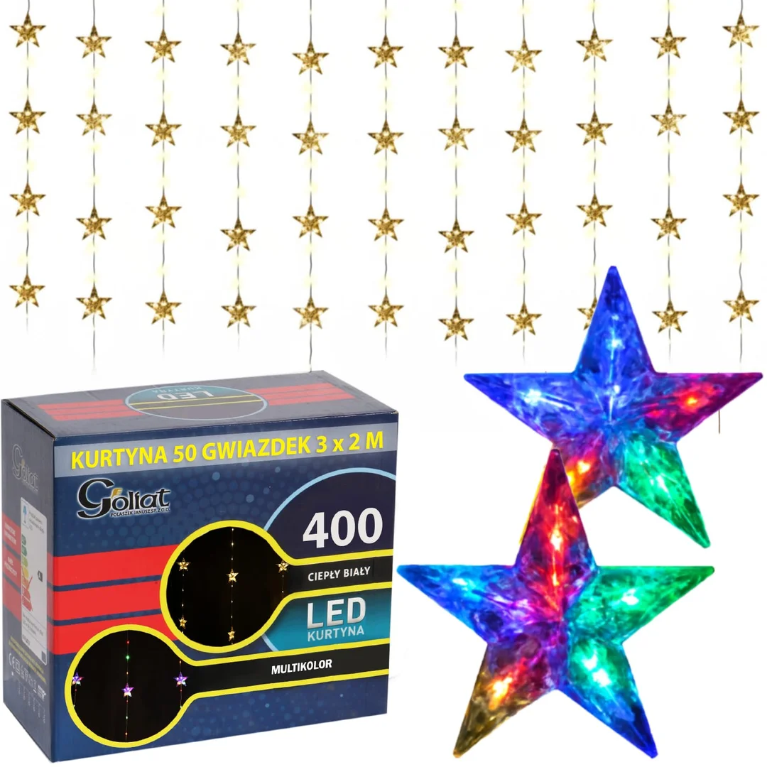 KURTYNA ŚWIETLNA 3X2M 50 GWIAZDEK OZDOBY ŚWIĄTECZNE LAMPKI 400 LED CIEPŁY BIAŁY/MULTICOLOR