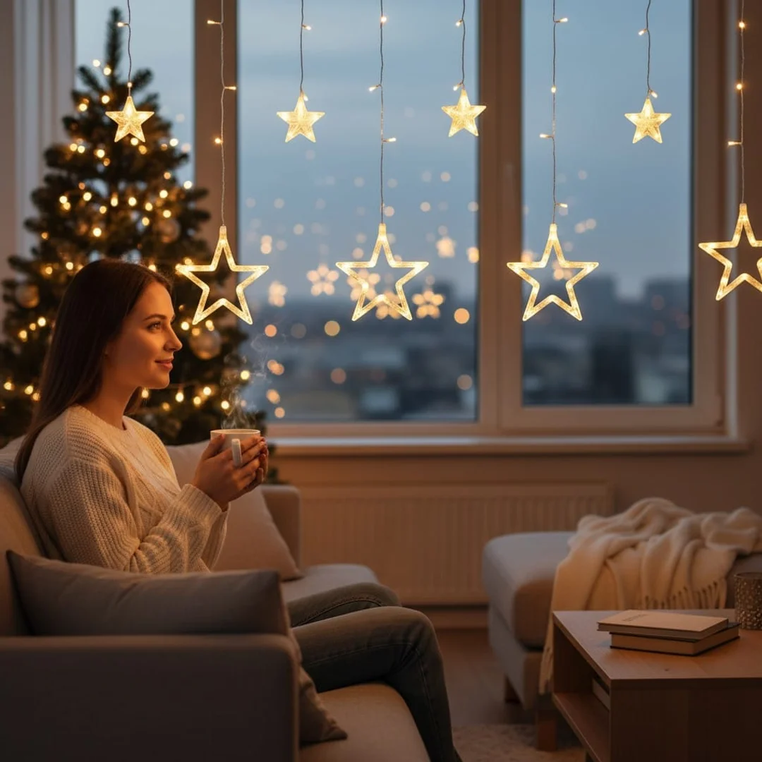 KURTYNA ŚWIETLNA GWIAZDKI OZDOBY ŚWIĄTECZNE LAMPKI 120 LED CIEPŁY BIAŁY
