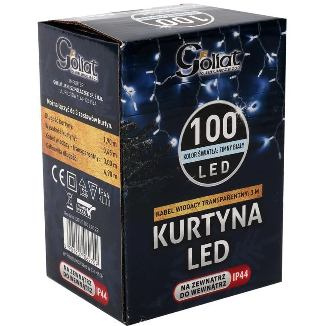 Kurtyna Świetlna LED Sople 100 Diód, Zimny Biały, 3m, 6W Energooszczędna, Zasilanie Sieciowe — zdjęcie 5