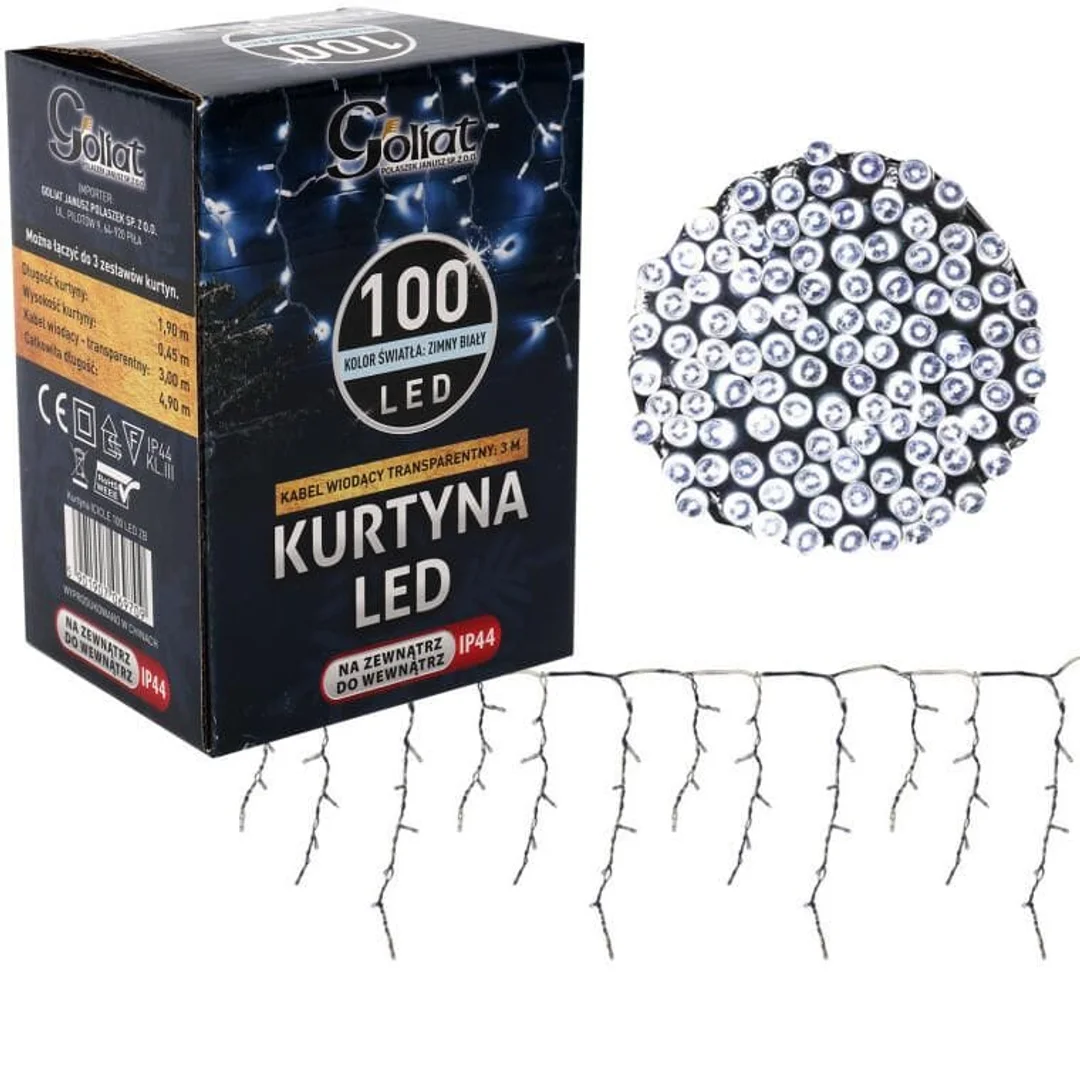 Kurtyna Świetlna LED Sople 100 Diód, Zimny Biały, 3m, 6W Energooszczędna, Zasilanie Sieciowe — zdjęcie 8