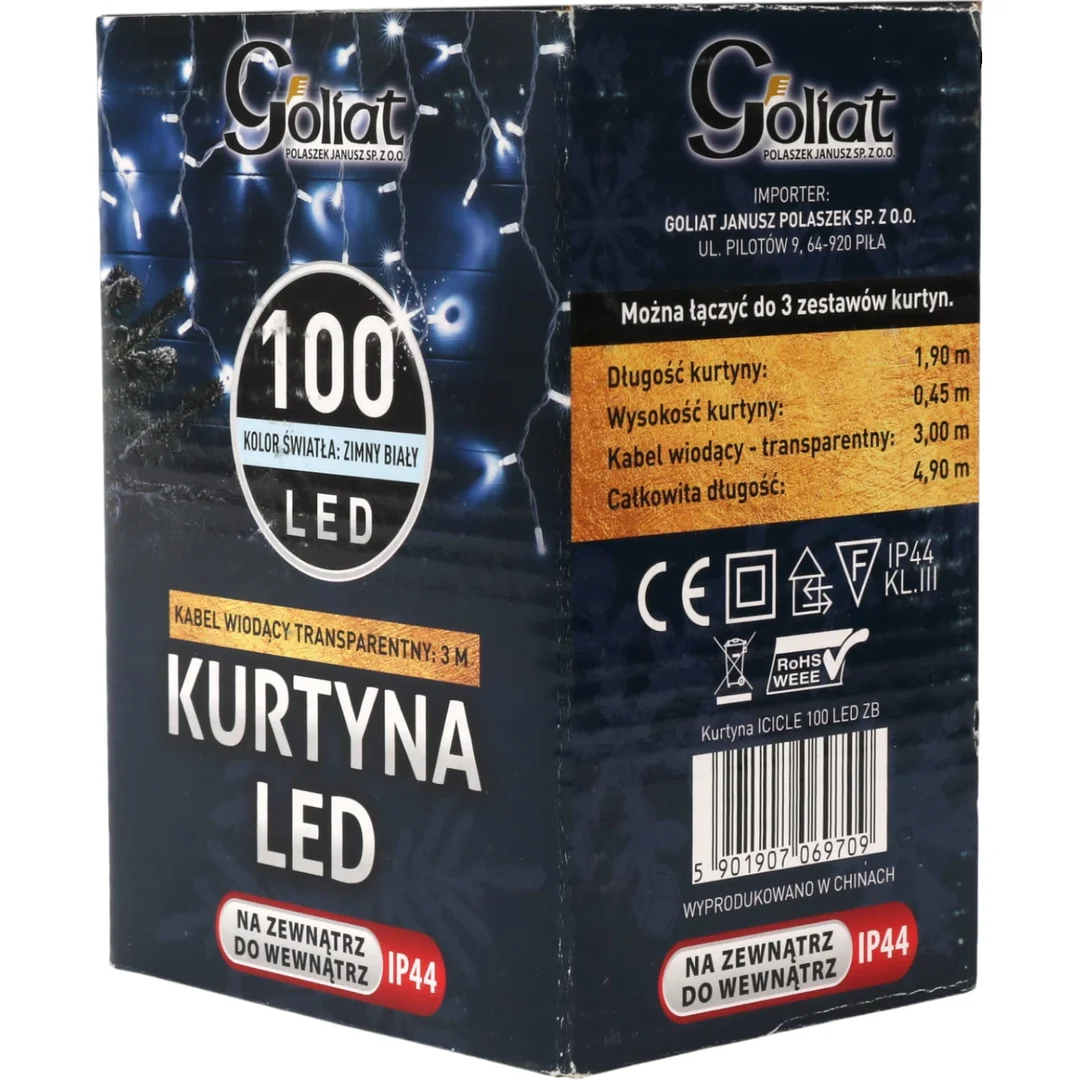 Kurtyna Świetlna LED Sople 100 Diód, Zimny Biały, 3m, 6W Energooszczędna, Zasilanie Sieciowe — zdjęcie 9