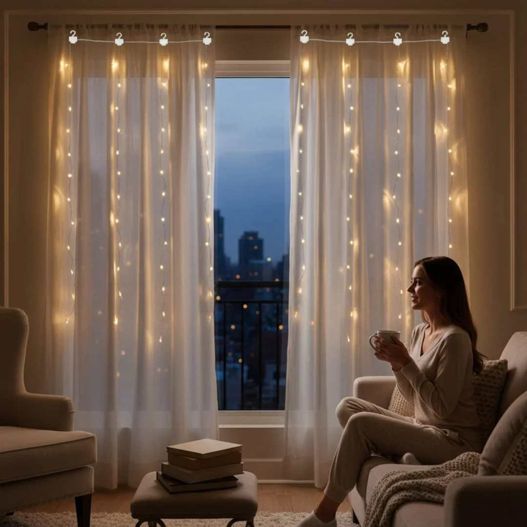 KURTYNA ŚWIETLNA NA OKNO 300 LED 3×3 LAMPKI ŚWIĄTECZNE CHOINKOWE GIRLANDA CIEPŁY BIAŁY — zdjęcie 11