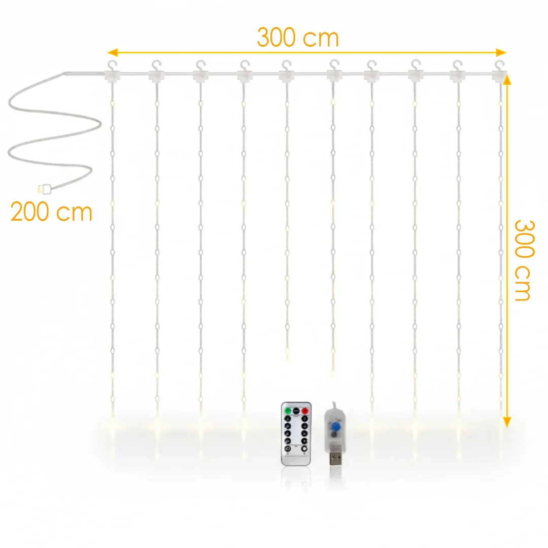 KURTYNA ŚWIETLNA NA OKNO 300 LED 3×3 LAMPKI ŚWIĄTECZNE CHOINKOWE GIRLANDA CIEPŁY BIAŁY — zdjęcie 7