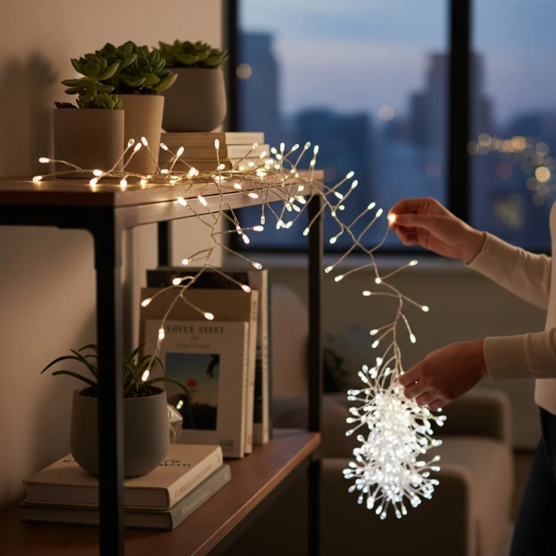 Lampki 240 LED 2,4 metra CLUSTER RYŻ ZIMNY BIAŁY NA BATERIE — zdjęcie 8