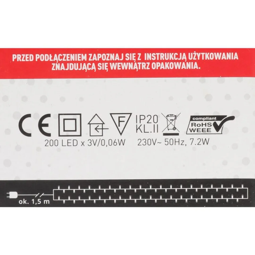 Lampki Choinkowe 200 LED z Energooszczędnymi Diodami, Kolor Ciepły Biały, Wewnętrzne, W Ringu, Zgodne z Normami UE — zdjęcie 2