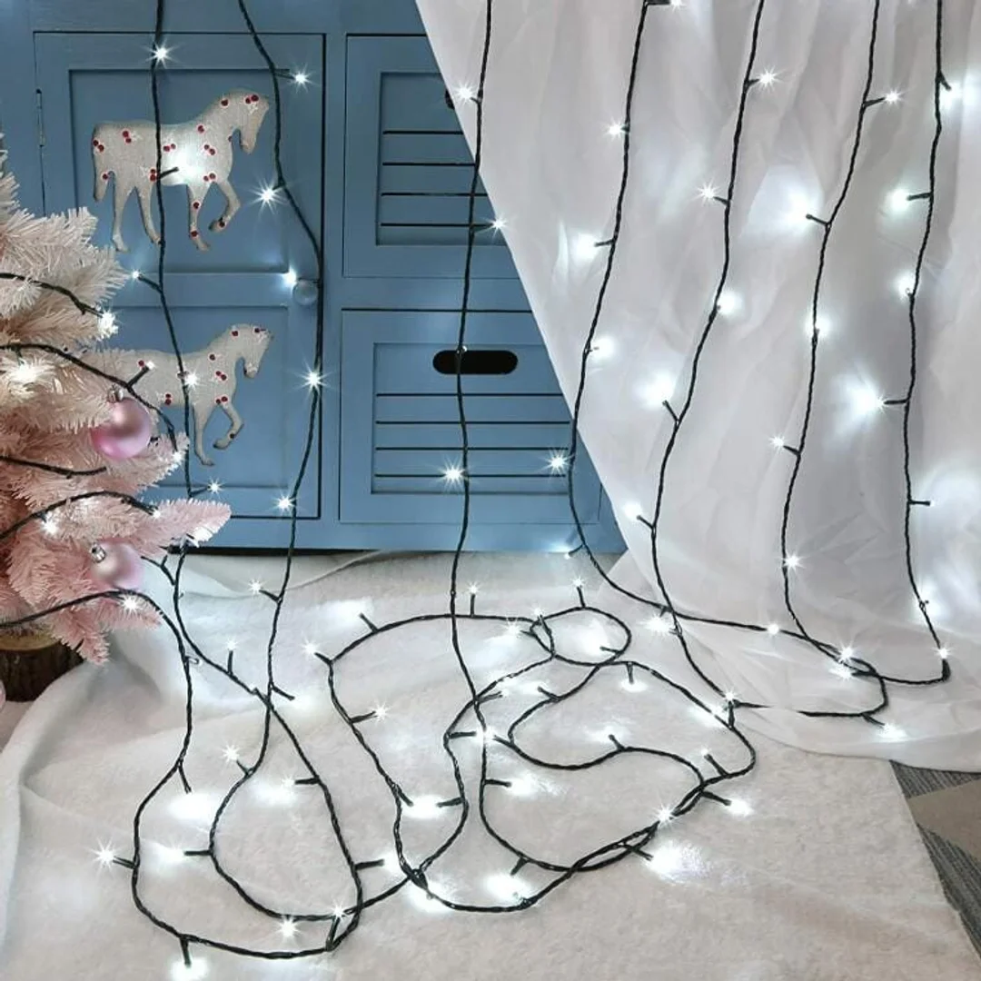 Lampki choinkowe zewnętrzne 100 LED, kolor zimny biały, 8m, zasilanie sieciowe, przewód miedziany — zdjęcie 3