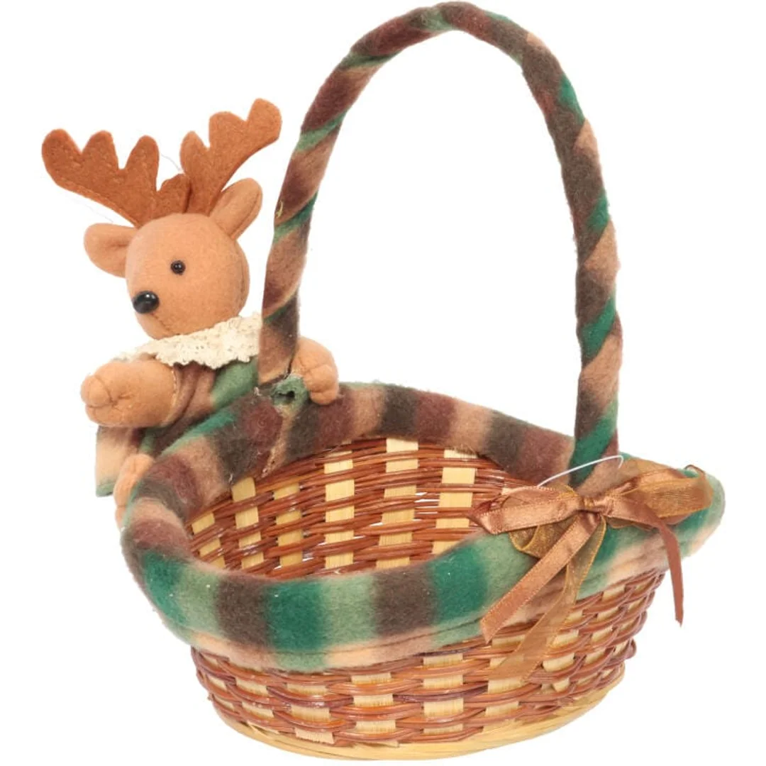 Owalny Koszyczek Świąteczny z Pluszowym Reniferem 20x17x16cm, Kolor Brązowo-Zielony — zdjęcie 2