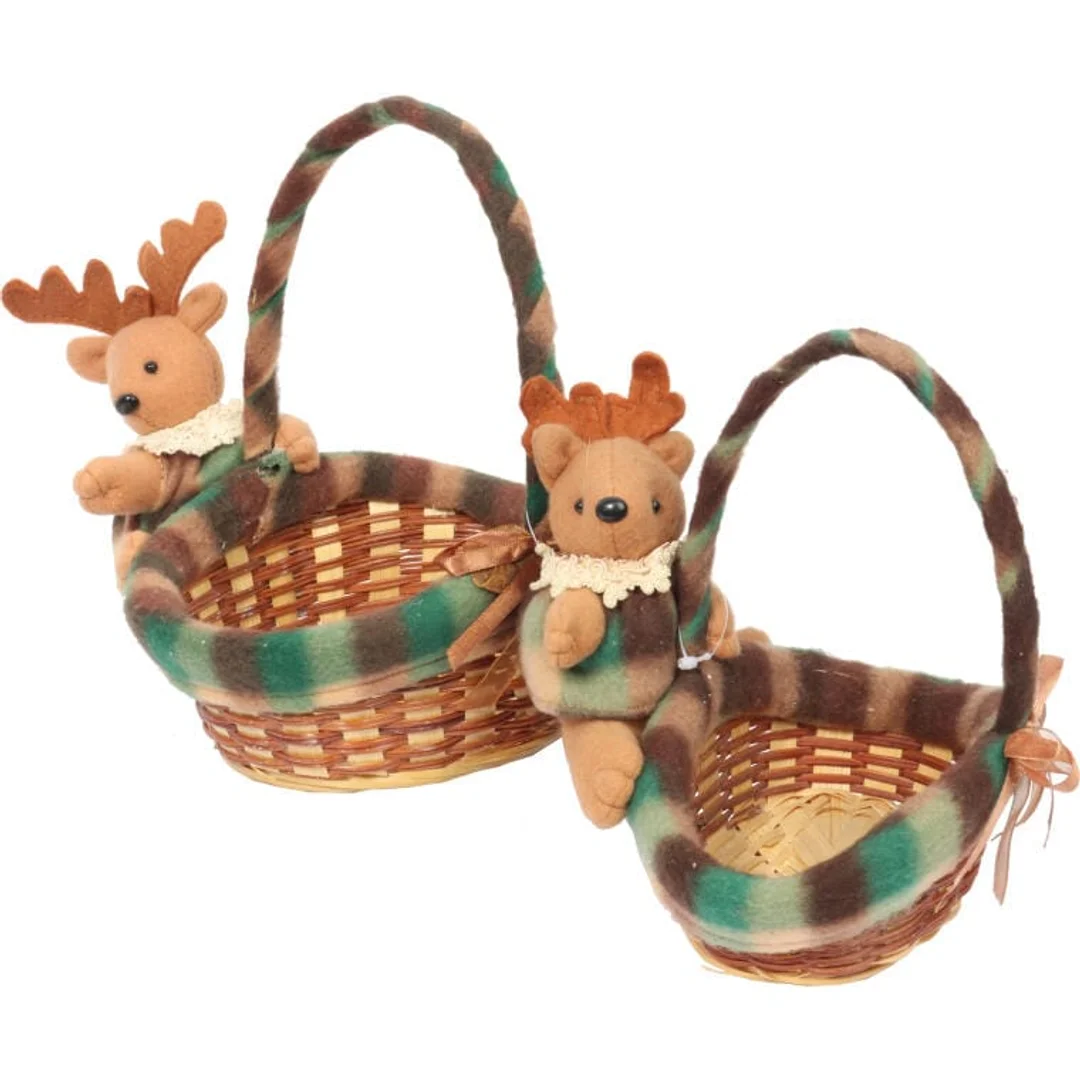 Owalny Koszyczek Świąteczny z Pluszowym Reniferem 24 cm - Kolor Brązowo-Zielony — zdjęcie 3