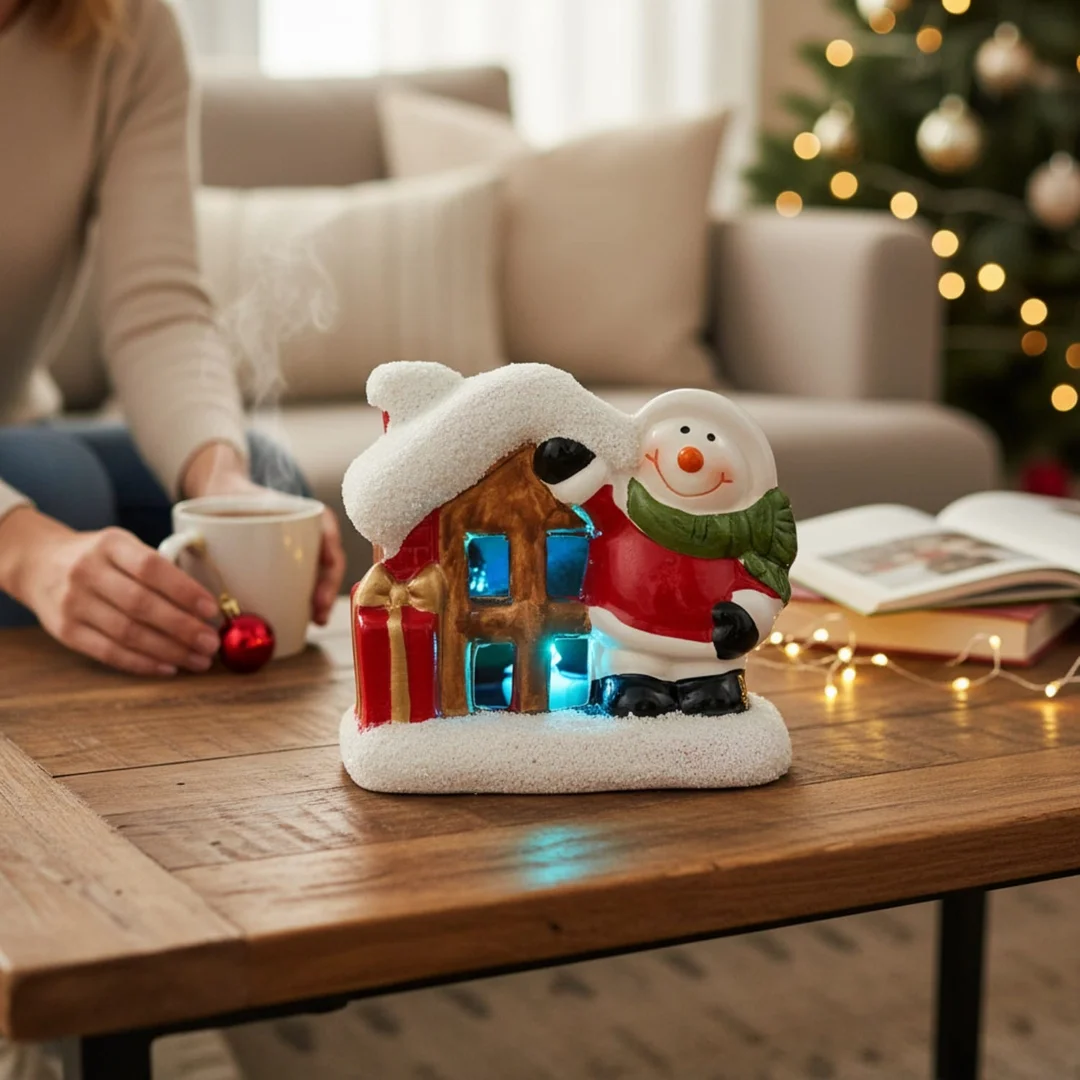 Ozdoba świąteczna ceramiczny Domek z Bałwankiem LED 9 cm — zdjęcie 11