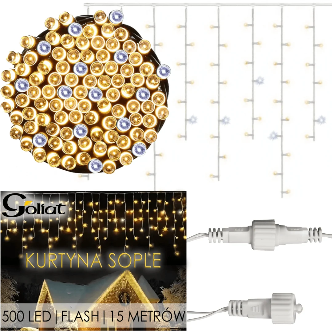 SOPLE 500 LED KURTYNA LAMPKI ZEWNĘTRZNE IP44 BIAŁE CIEPŁE +FLASH ZIMNY BIAŁY 15 M — zdjęcie 10