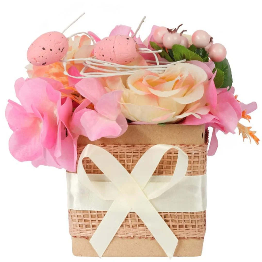 Stroik Wielkanocny Flower Box z Różowymi Jajkami i Sztucznymi Kwiatami — zdjęcie 2