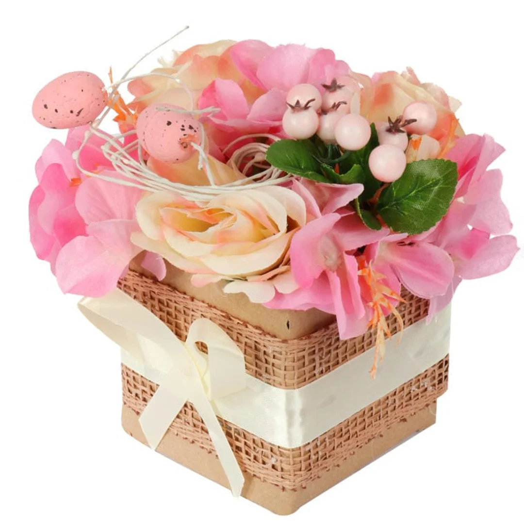 Stroik Wielkanocny Flower Box z Różowymi Jajkami i Sztucznymi Kwiatami — zdjęcie 3