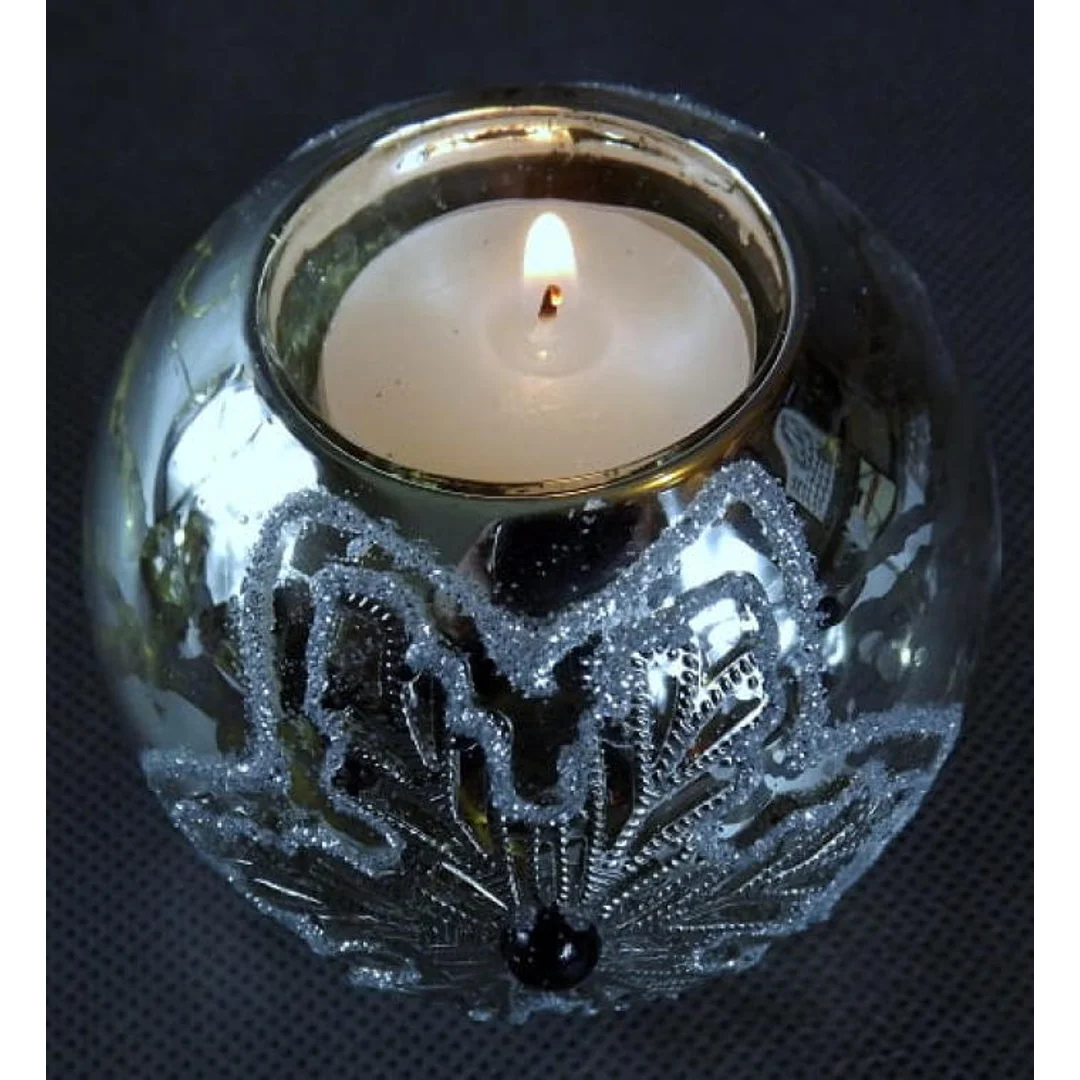 Świecznik Szklany Zdobiony Brokatem w Kolorze Starego Srebra - 7x8cm — zdjęcie 2