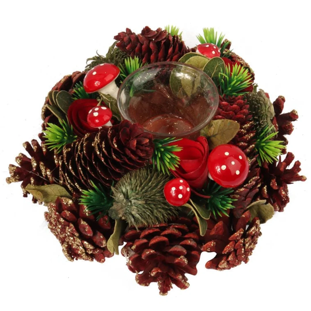 Świecznik-Wianek z Naturalnymi Szyszkami i Drewnem 28 cm ze Szklanym Pojemnikiem na Świeczkę — zdjęcie 2